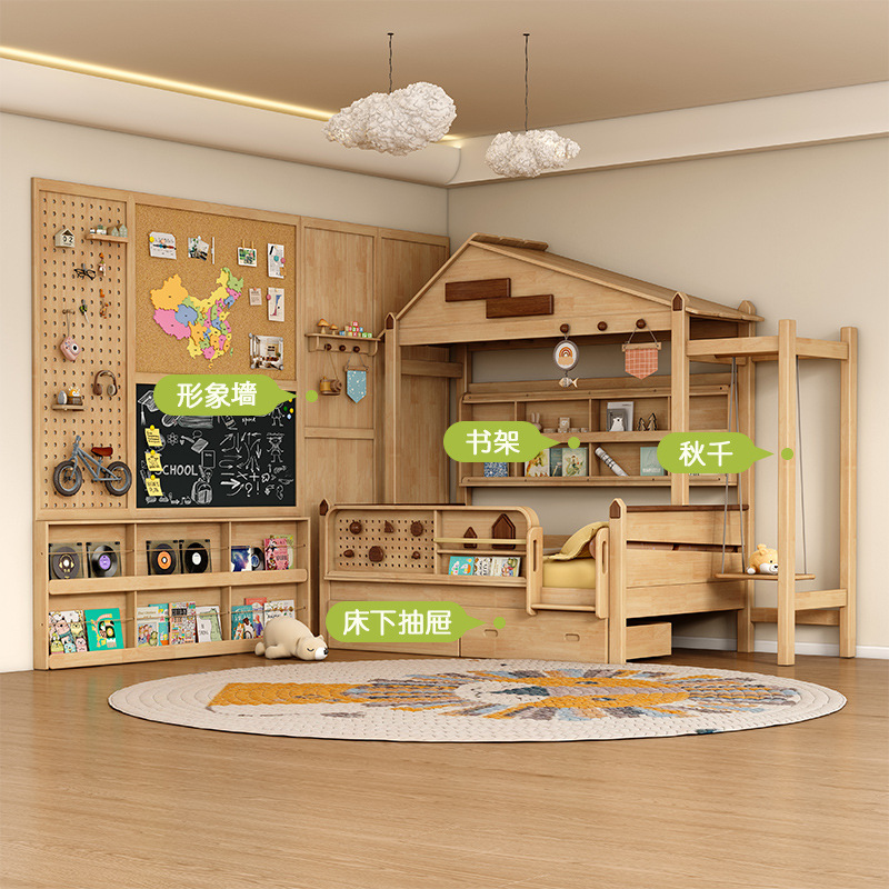 All Solid Wood Children's Bed Guardrail Half-Height Bed Boy Solid Wood Tree House Storage Bed Girl through Swing Children's Bed