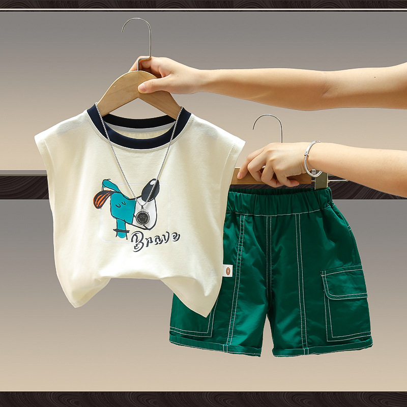 7922 traje de chaleco de verano para niños 2025 nuevo estilo ropa de dibujos animados para niños chaleco sin mangas de dos piezas de moda