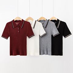 博伟POLO领修身羊毛针织衫2025新款三分袖针织T恤上衣通勤穿搭