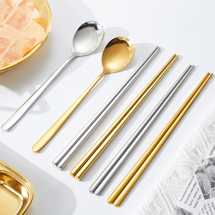 Korean Style 304 Stainless Steel Spoon Chopsticks Golden Korean Cuisine Square Chopsticks Solid Flat Chopsticks Spoon Barbecue Tableware