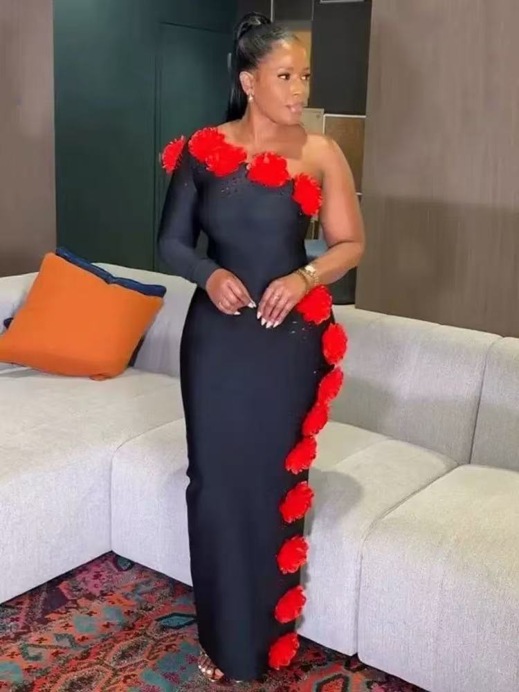 Women's Halter Neck Floral Rhinestone Embellished Bandage Bodycon Dress American Style Long Skirt Fashion Elegant_ecoleips.com