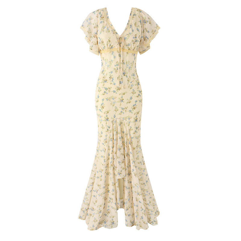 Foreign Trade 2026 Summer New Style French Collar Floral Pastoral Style Rose Flower Ultra-Long Fishtail Design Dress