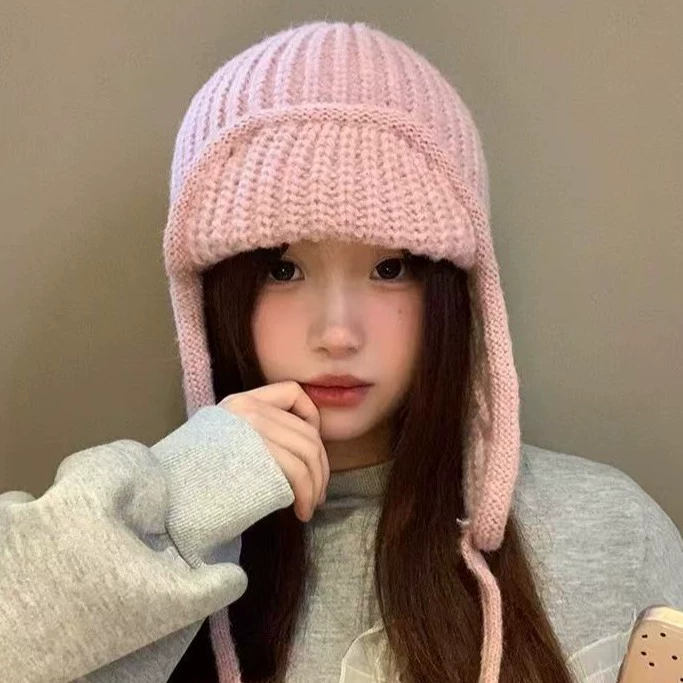 Зимний шарф‑шапка Korean Knit Earflap Hat для женщин, мягкий и тёплый, 56–58 см, фуксия, белый, серый, хаки, черный