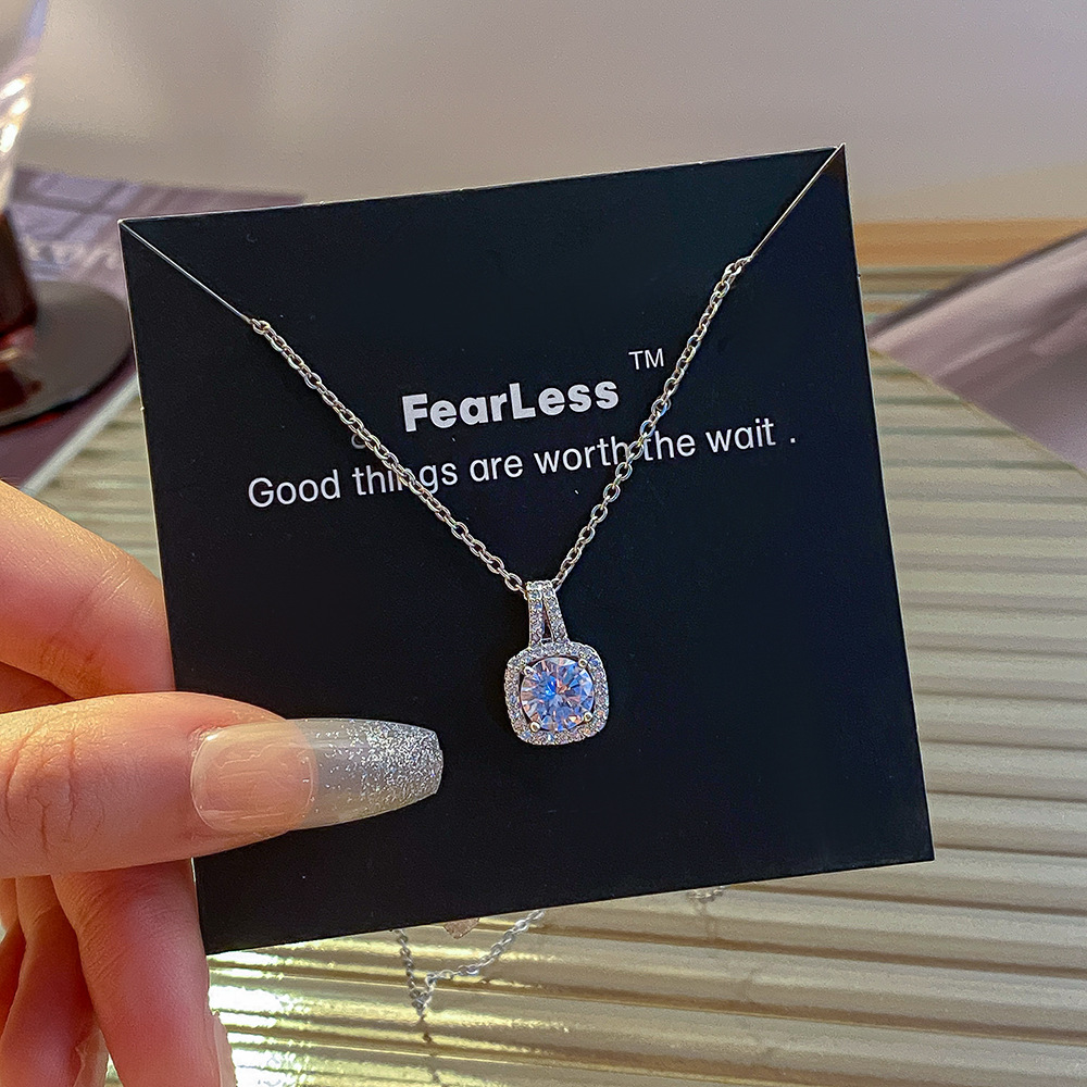 Zircon Inlay Material Pendant Necklace Classification 304 Stainless Steel Chain Material Wholesale Sweet Square Titanium Steel Copper Inlay White-Plated K Zircon Pendant Necklace