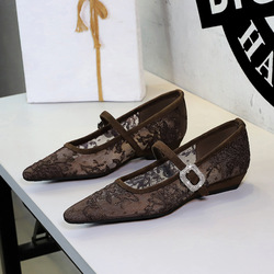 3683-K208 European and American style fashionable rhinestone decoration straight buckle strap pointed shallow mouth low heel lace mesh single shoe