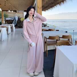 浅粉色韩系开衫外套阔裤腿两件套女春秋2026新款温柔风休闲一整套