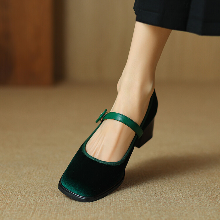 Green Gold Suede Vintage Mary Jane Shoes Women's New Cowhide Square Toe Thick Heel Single-layer Shoes with Buckle High Heels