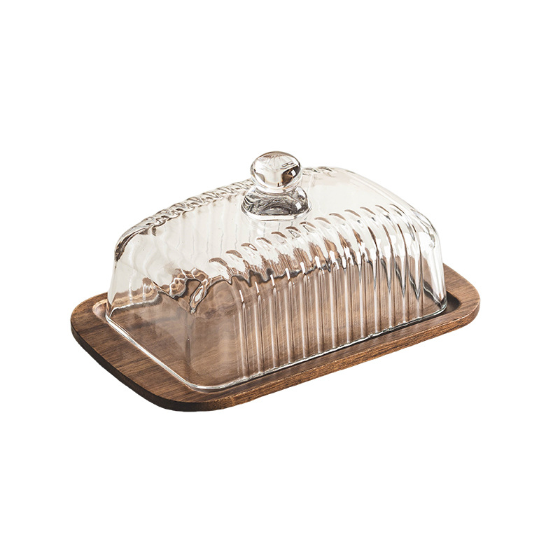 Mantequilla de madera sólida, bandeja de almacenamiento, cubierta de vidrio a prueba de polvo, bandeja de fruta de madera acacia, bandeja de té de la tarde, venta transfronteriza