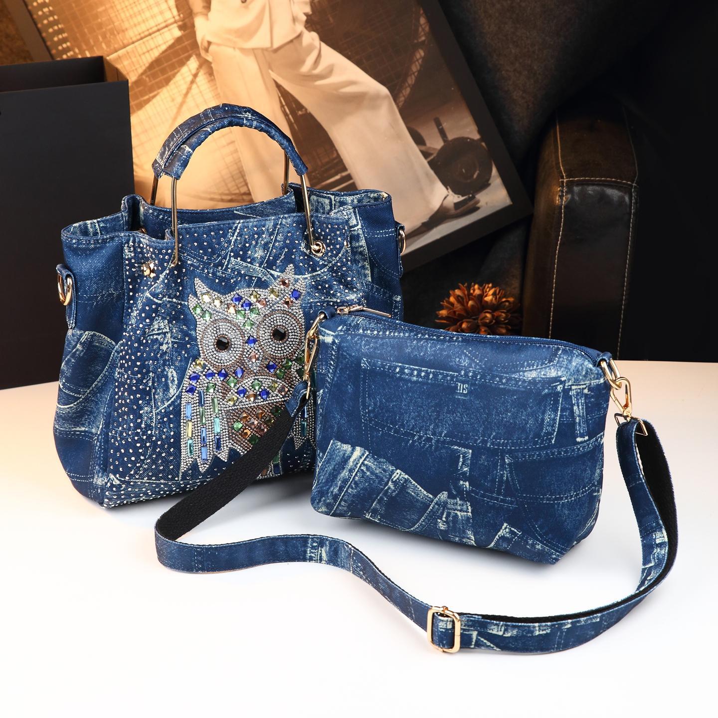 Túi tote denim phong cách punk đeo chéo cỡ lớn — Cao bồi xanh