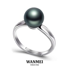 跨境欧美仿大溪地墨绿珍珠戒指女s925纯银开口可调节简约百搭食戒