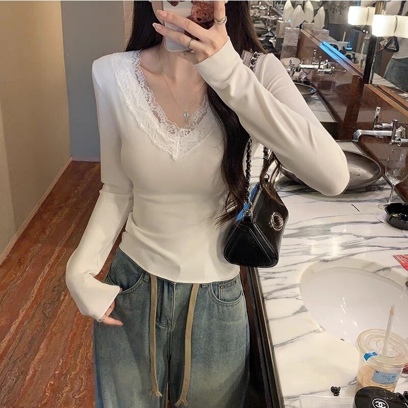 蕾丝打底衫女早秋季2025新款小香内搭长袖恤纯欲领茶艺白色上衣|undefined