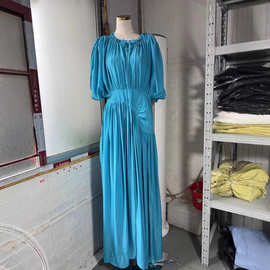 现货 欧美跨境女装2025夏季新款时尚优雅宽松褶皱收腰大摆连衣裙