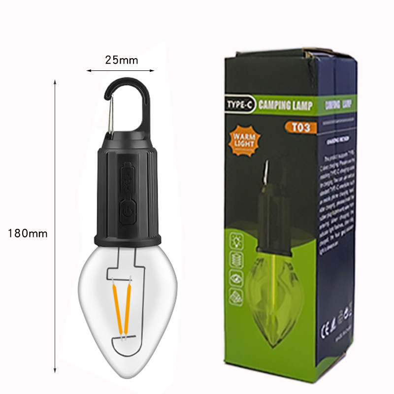 Luz de camping al aire libre de TYPE-C transfronteriza, luz de camping retro recargable, luz de tienda de tungsteno LED, luz de bombilla de emergencia