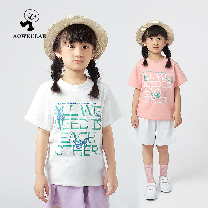 Ropa infantil de algodón de verano estilo coreano nueva camiseta de las niñas niños grandes brillo impreso transpirable superior bebé niñas de manga corta al por mayor