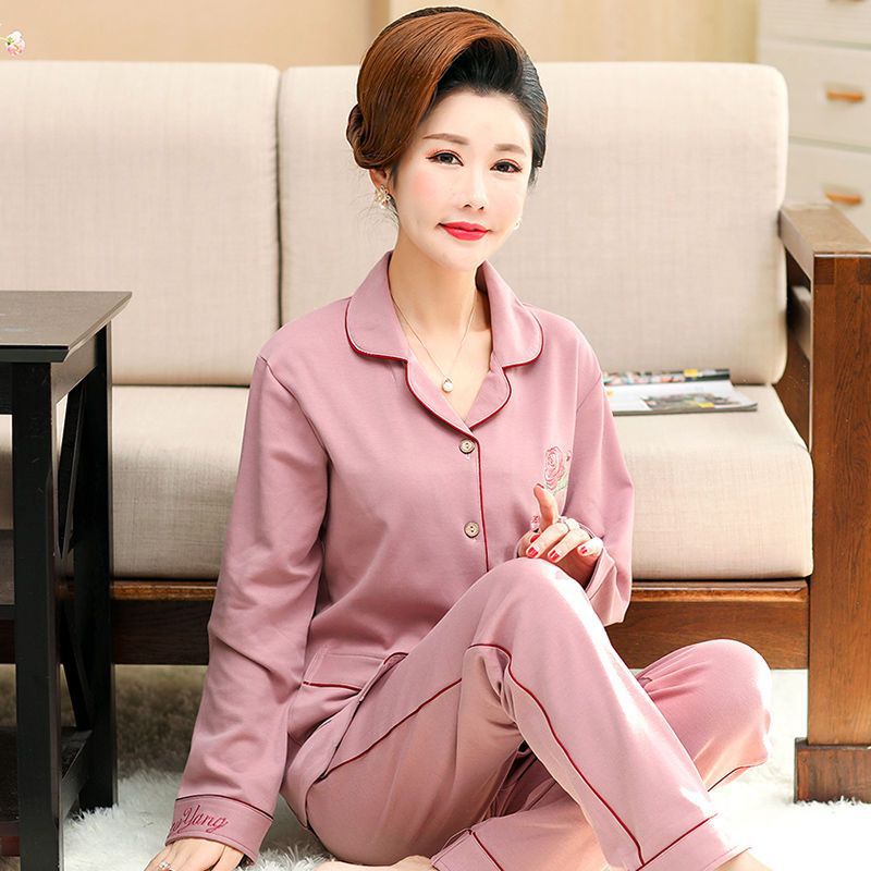 Pijamas para mujer Primavera y otoño 100% algodón de manga larga para mujer ropa de hogar para madres de mediana edad y ancianas Otoño e Invierno traje de talla grande