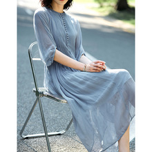 重工压褶 优雅桑蚕丝连衣裙女夏2025新款气质收腰真丝乔其长裙