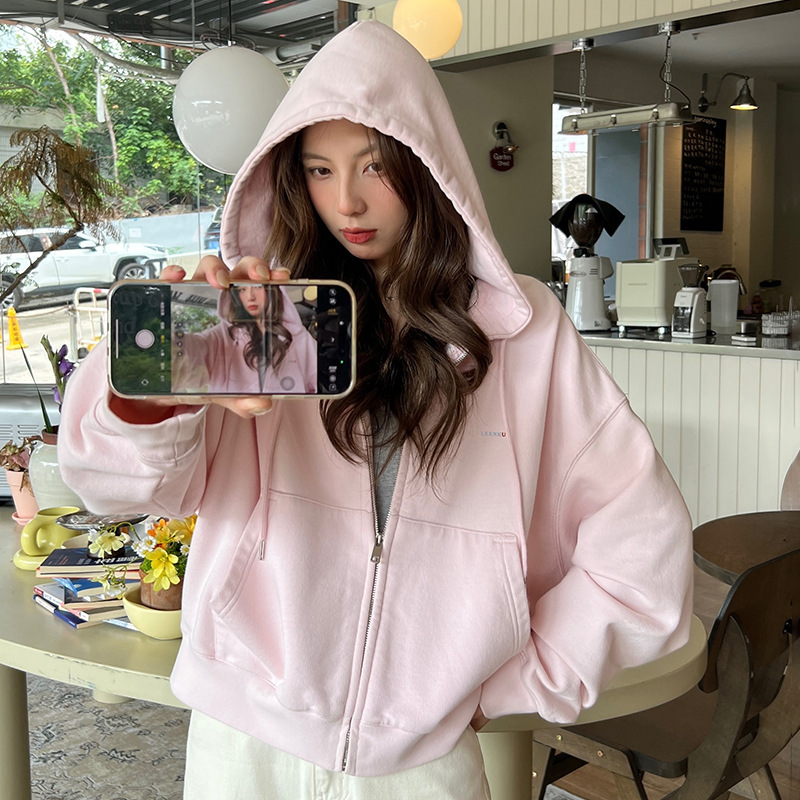 430g Terry Cotton Loose Hooded Cardigan Sweatshirt Women's 2026 Spring and Autumn Zipper Jacket Short Casual Top