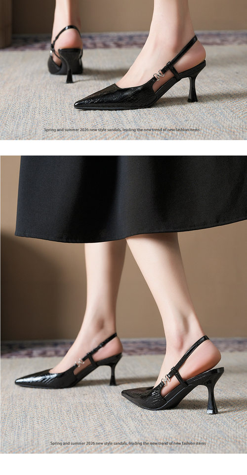 Sandal nữ bít mũi mũi nhọn gót mảnh quai hậu thanh lịch, gót 6–8 cm — Bạc nhạt, Màu vàng nhạt, màu đen chi tiết 10