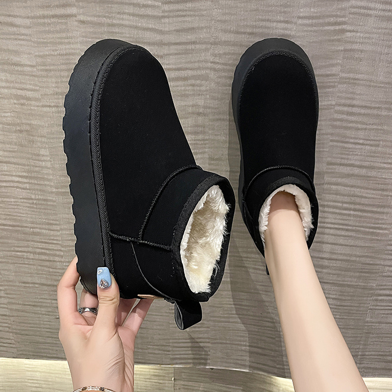 Kadın Ayakkabıları Kar Botları Sonbahar ve Kış Kürk Tek Kısa Tüp Yüksek Taban Sıcak Su Geçirmez Pamuklu Ayakkabılar_voghion.com