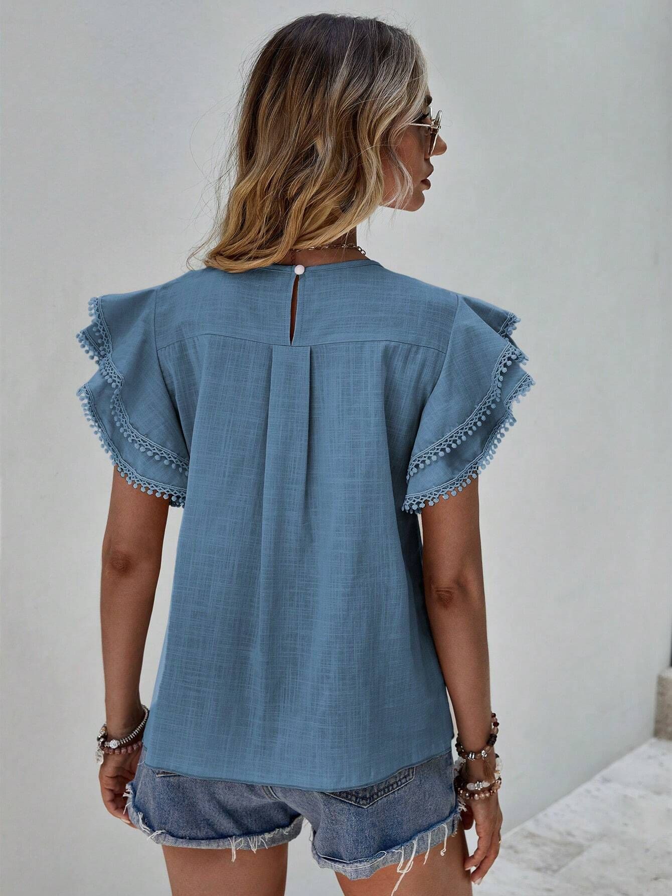 238g Weight Short Sleeve Sleeve Length Pullovers Placket Type Flounce Sleeve Sleeve Type Polyester Fabric Type Regular Top Length T-shirt Tops Type Holiday, Daily Occasion Round Neck Neckline Loose Fit Type Solid Color Pattern Summer Season Women's Gender Button Design Casual, Elegant Style Wholesale Women's Casual Elegant Solid Color Short Sleeve Button Blouses 4
