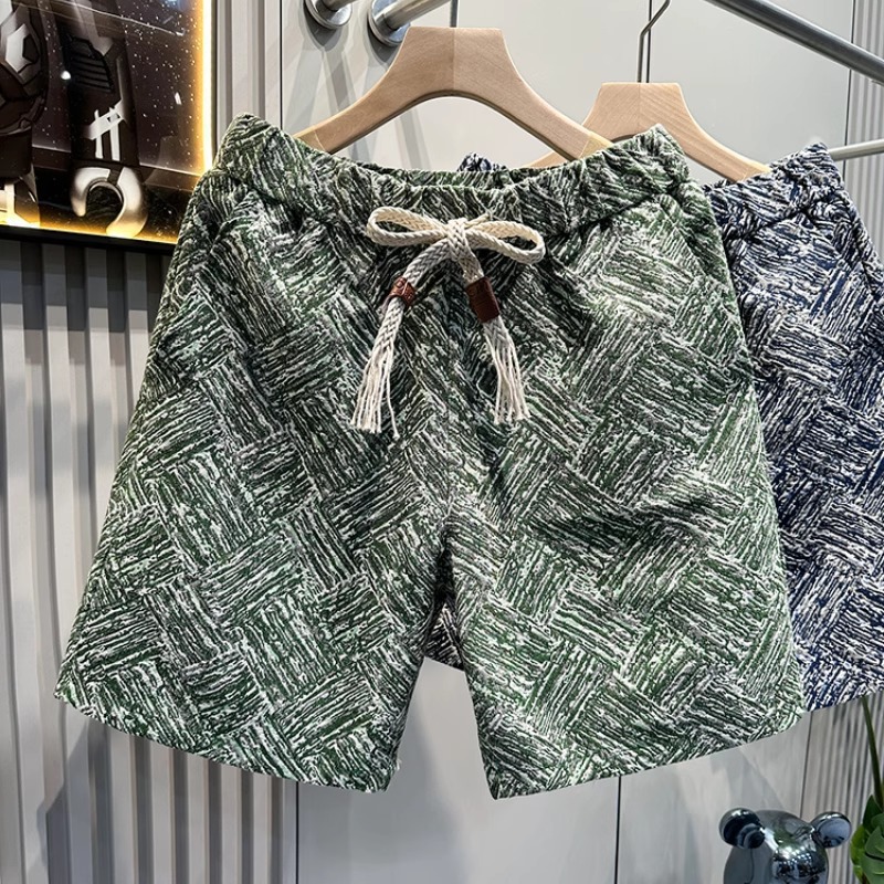 Men's drawstring shorts, 2025 summer European and American hip-hop plaid jacquard high-end sports pants, versatile beach shorts.