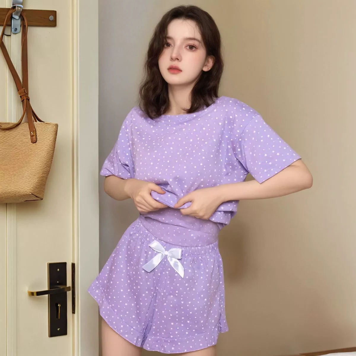 Пижама набор шорты и футболка loungewear, фиолетовая белая фуксия, размеры S–XL