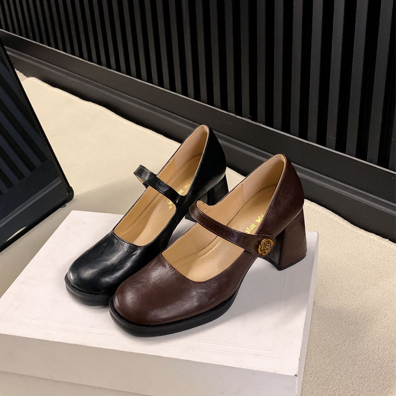French Retro High-Heeled Mary Jane Shoes, New Spring Style, Camellia Flower Design, Shallow Square Toe, Chunky Heel, Brown Single Shoes for Women