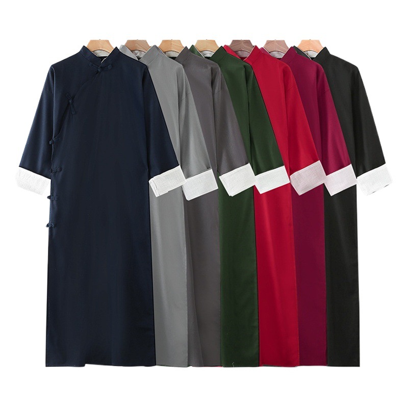 Cotton and Linen Long Shirt Republic of China Chinese Style Long Gown Ma Gua Linen Men's Tea Suit Host Calligraphy Coat Performance Costume