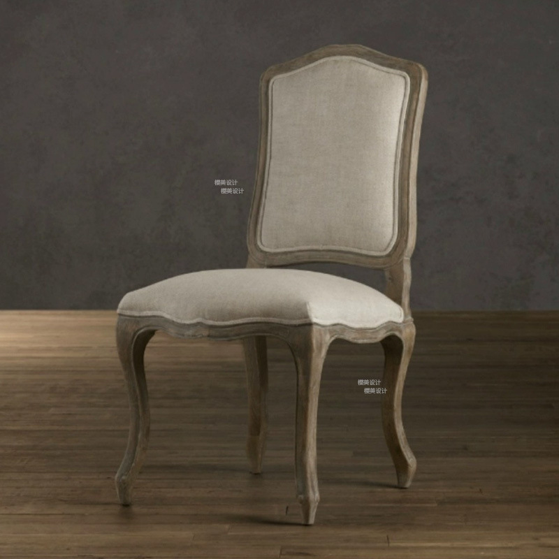 American RH French Country Retro Solid Wood Dining Chair, Modern Minimalist Luxury Linen Upholstered Home Office Chair