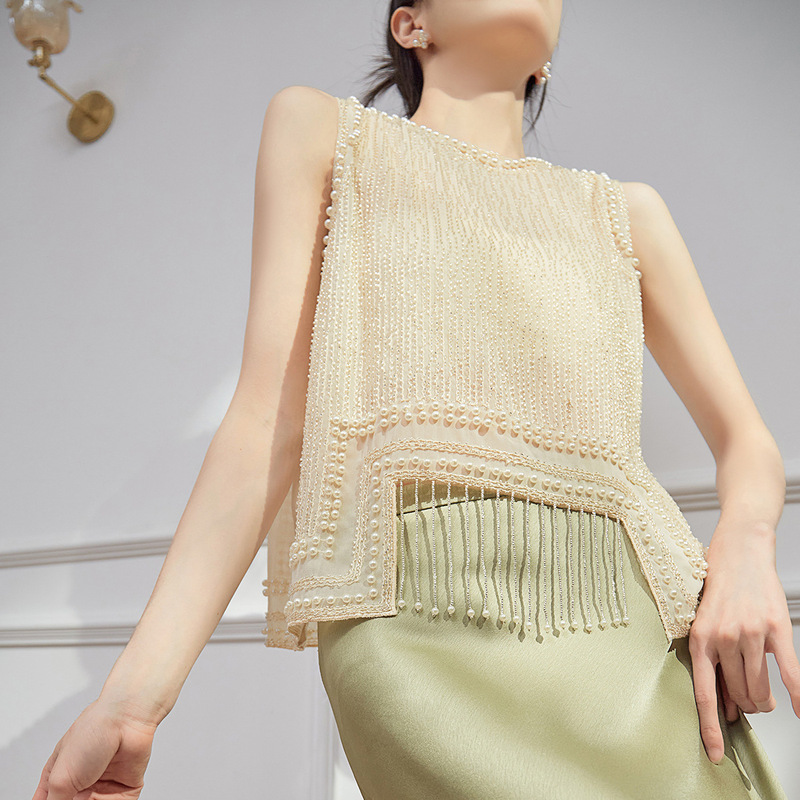 European and American Summer New Fashion Elegant Heavy Industry Beaded Chiffon Shirt Loose Sleeveless Irregular Tassel Vest