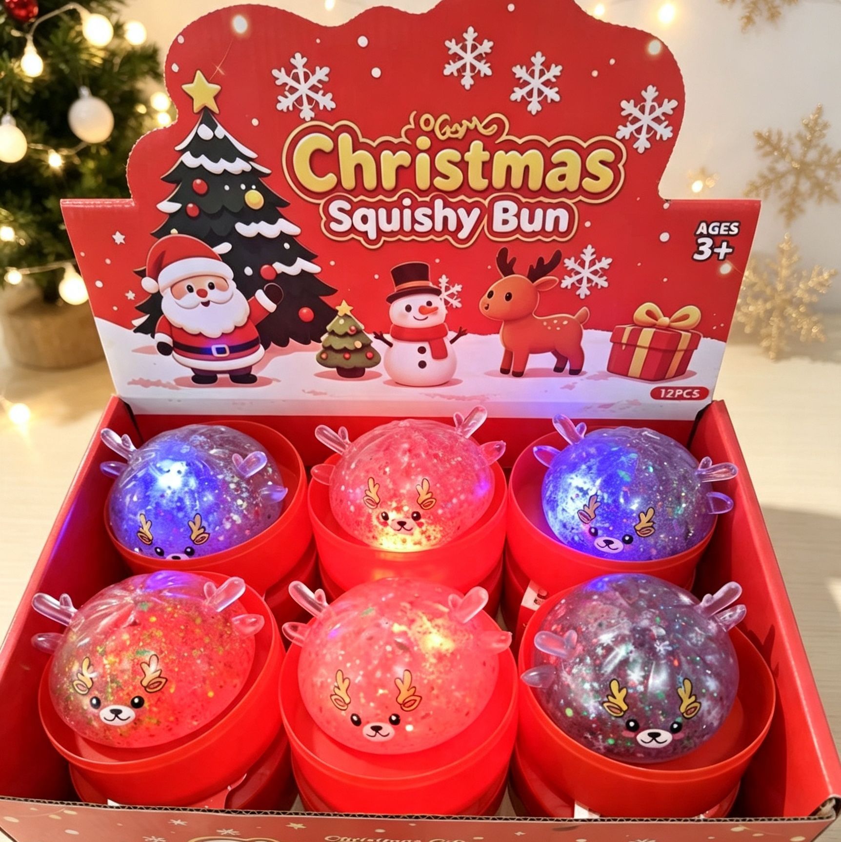 8.5cm christmas deer pectin buns with flashing lights (144 pieces per box/12 pieces per box + free steamer)