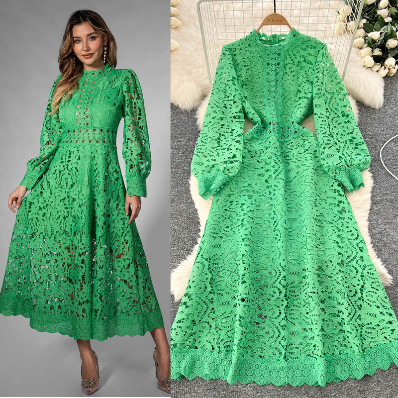 High-end elegant lace dress 2024 new hollow crochet waist lantern sleeve long sleeve waist dress High-end elegant lace dress 2024 new hollow crochet waist lantern sleeve long sleeve waist dress