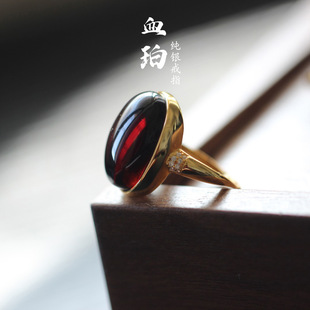 Natural Amber Blood Amber Ring 925 Sterling Silver High-End Blood Amber Ring Women's Natural Blood Amber Cabochon Ring Niche