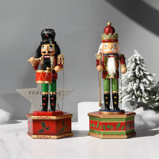 36cm Nutcracker King Soldier Music Box Painted Puppet Hexagon Base Music Box Crafts Ornaments