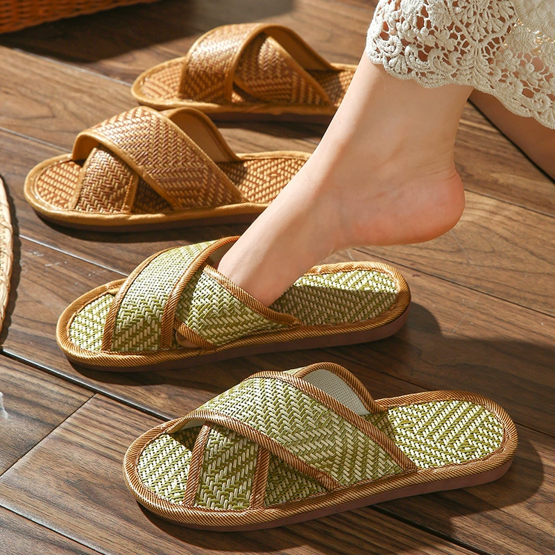 Straw woven slippers, non-slip slide platform, soft sole, autumn