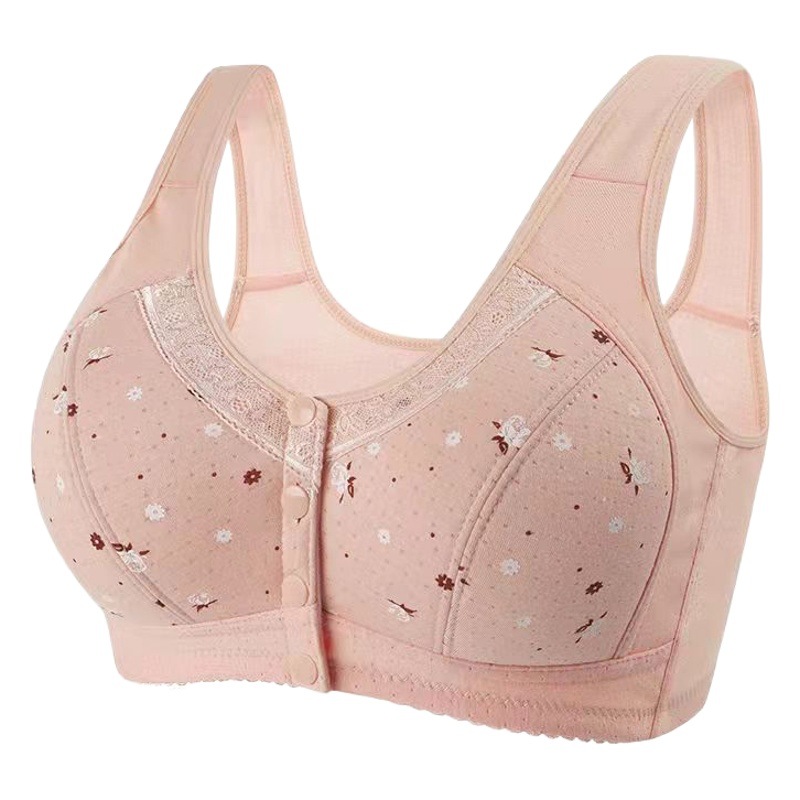 Spring and Summer Large Size Middle-aged Underwear Pure Cotton Non-rimmed Bra Front Buckle Lace Edge Printed Vest Bra