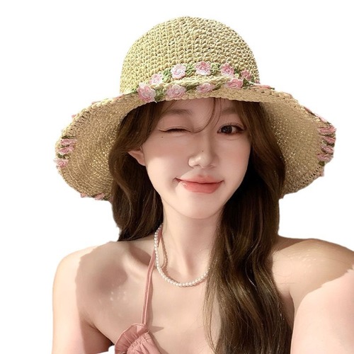 Straw-woven straw hat women's big brim summer beach vacation beach face small foldable sun protection hat