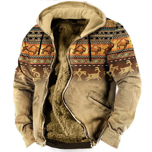 European and American multicolored pattern 3D printing digital printing hatless sweatshirt with brown cotton lining
