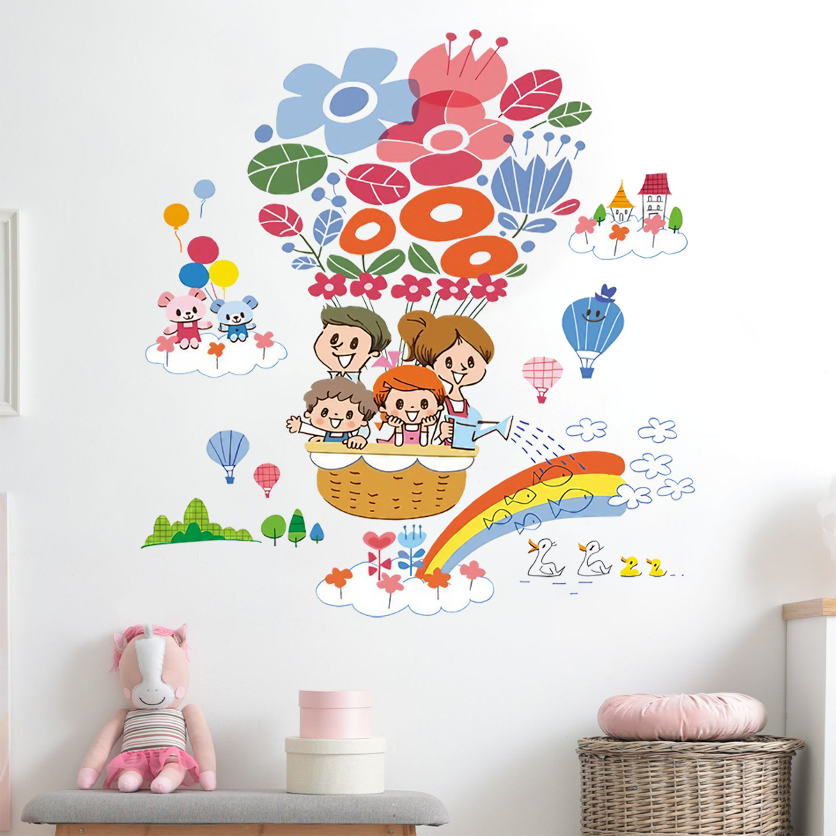어린이 침실 홈 미화 장식 그림 벽 스티커 크리 에이 티브 뜨거운 공기 풍선 무지개 벽지 도매에 대한 새로운 만화 스티커