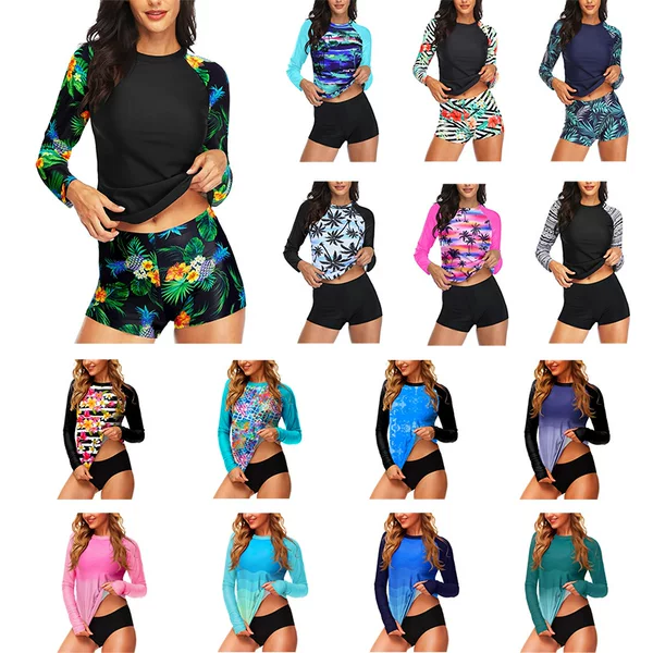 Summer European and American Women's UPF 50 UV-proof Printed Pattern Round Neck Long Sleeve Swimsuit Surfer Suit