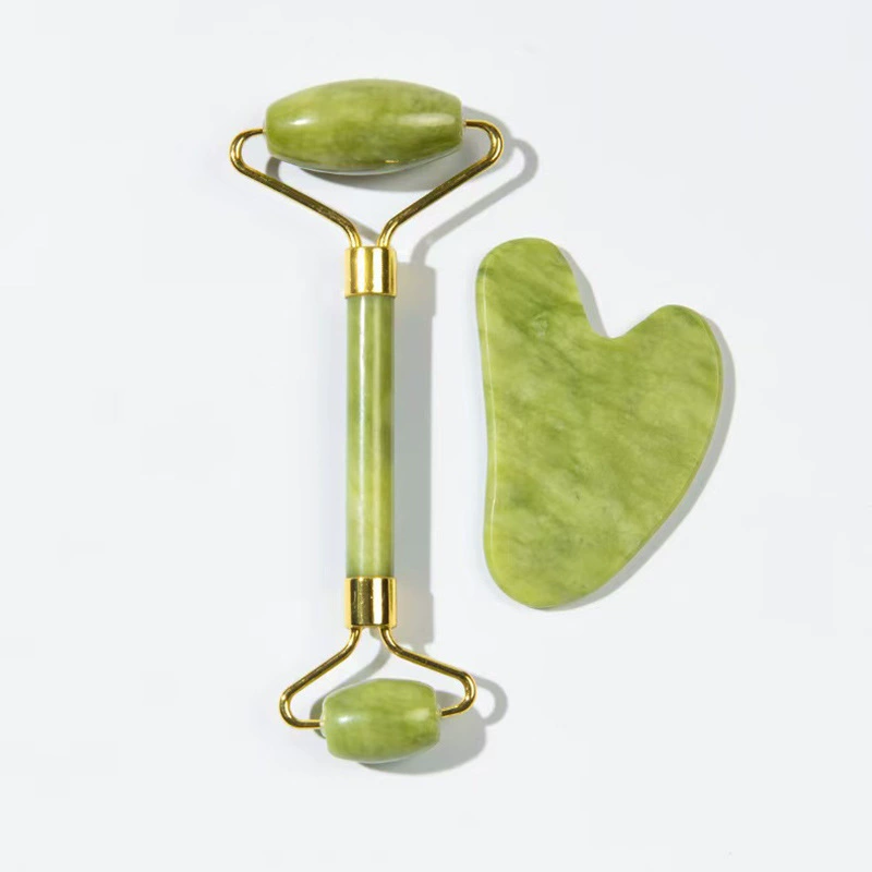 Jade face massager set, double‑head rolling roller and gua sha scraper, cosmetic kit