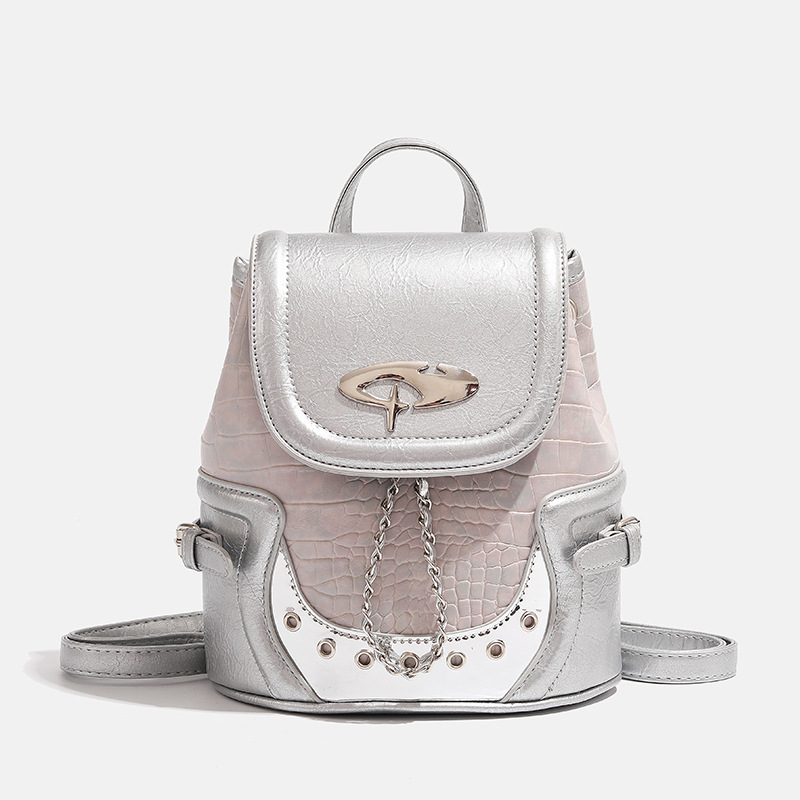Spice Girl Crocodile Shoulder Bag Silver Pink Girl's Backpack Niche Design High-grade Pure Black Chain Shoulder Bag