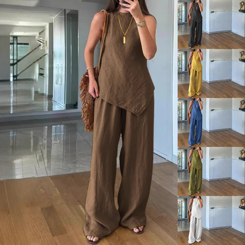 2025 Foreign Trade Cross-border New Women's Casual Round Neck Pullover Sleeveless Pocket Pants Cotton Multicolor Women's Cover