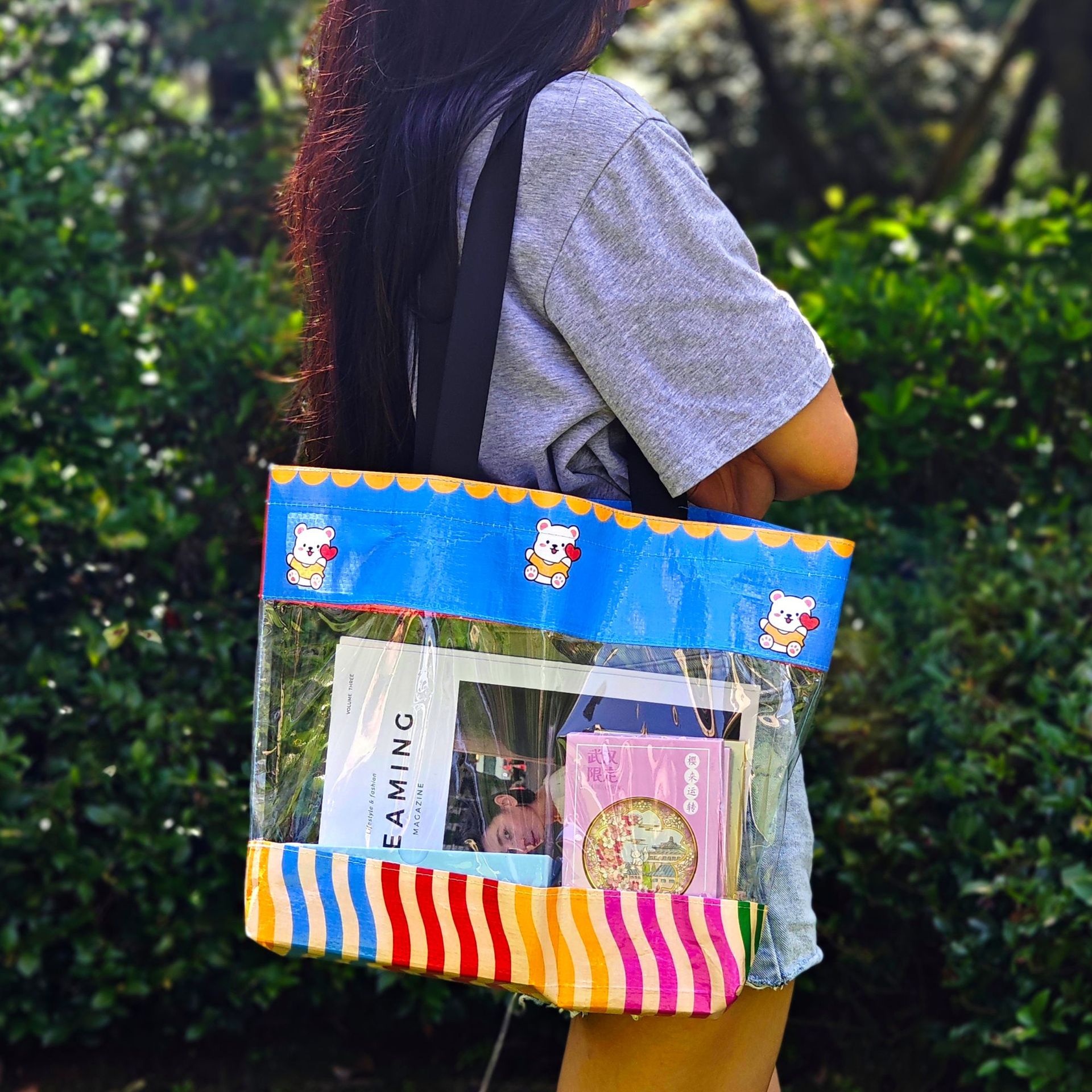 PVC透明手提编织袋单肩游泳洗浴沙滩包定制环保防水显眼包托特包