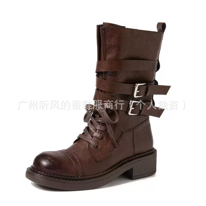 2025新款女厚底高筒机车靴英伦风复古皮带扣马丁靴增高毒液骑士靴|undefined