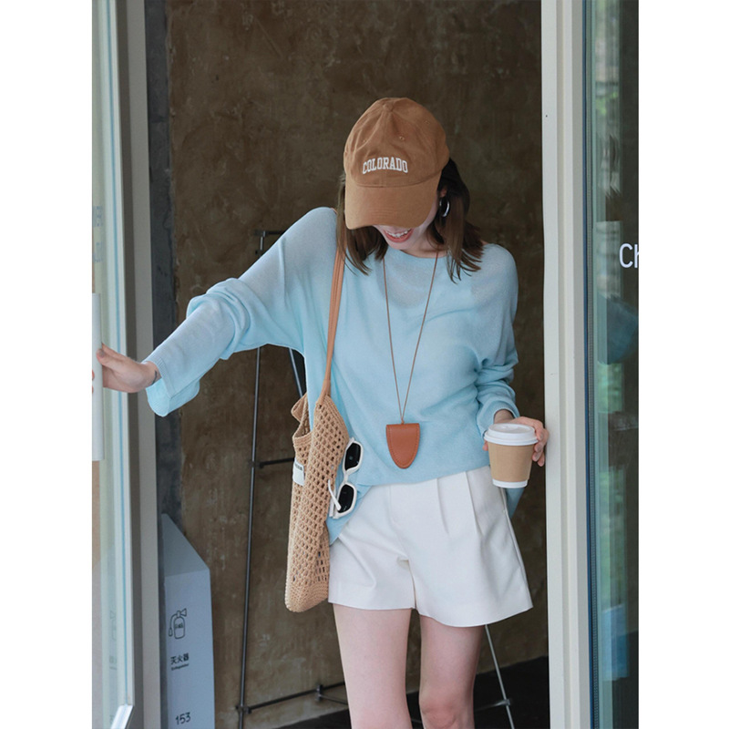 Tencel Lyocell Korean Blue Tulle Sun Protection Long-Sleeved T-Shirt Blouse for Women Summer Loose Air-Conditioned Top