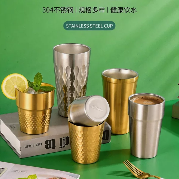 Source Factory 304 Fire Diamond Pattern Stainless Steel Double-Layer Straight Sand Hammer Pattern Beer Mug Insulated Coffee Cup Retro Cup