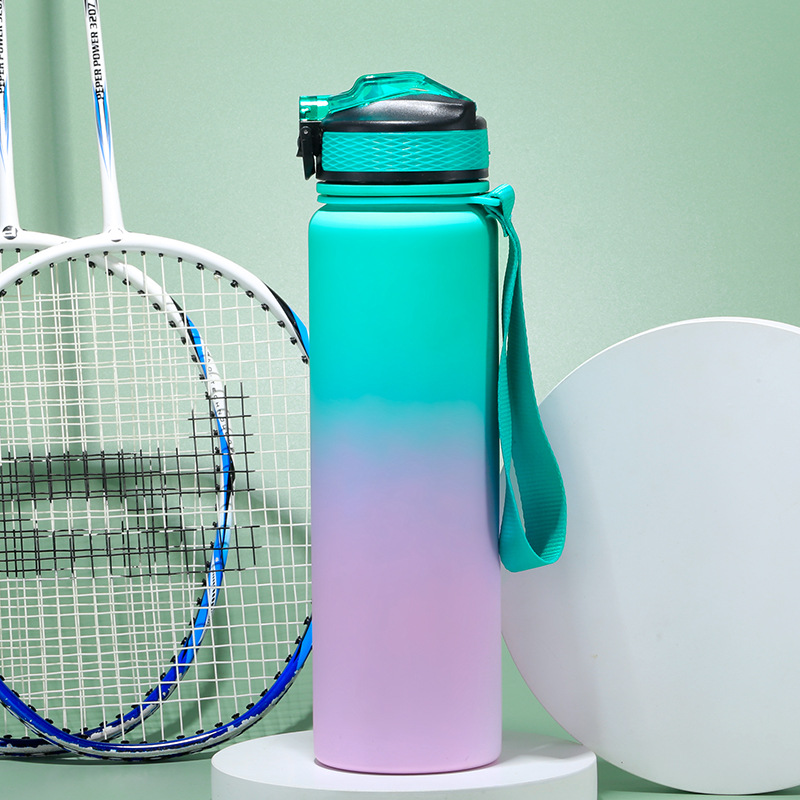 Nueva botella de agua deportiva de acero inoxidable con gradiente de gran capacidad personalizable hecha a mano, taza termo con tapa emergente portátil, venta al por mayor