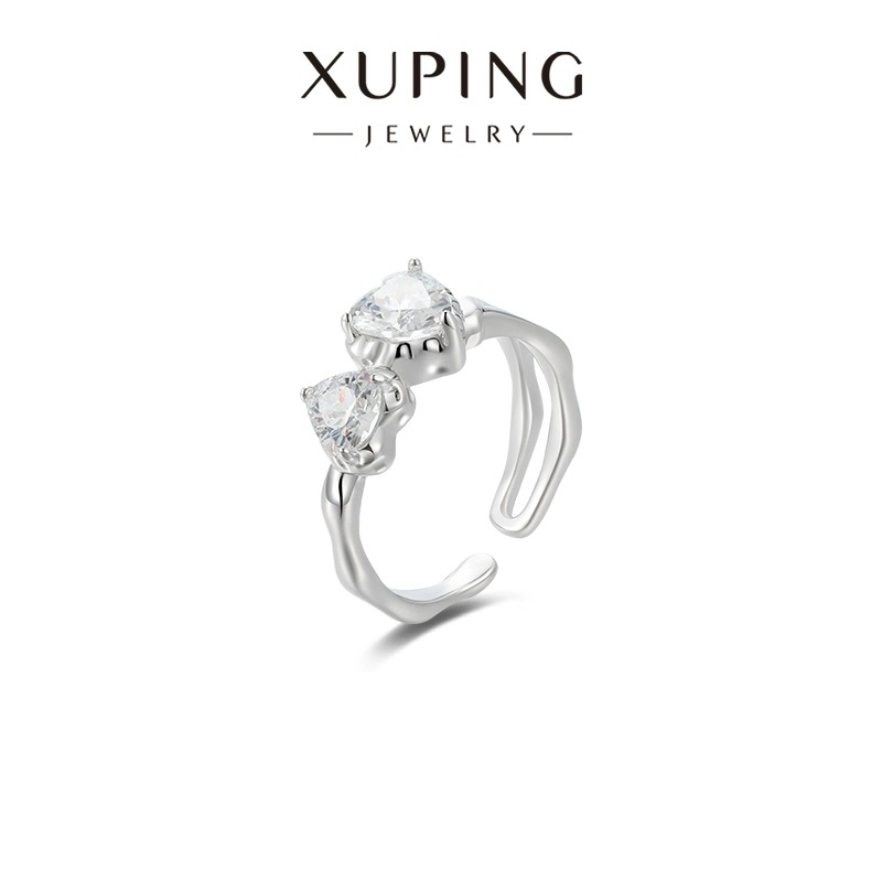Xuping nuevo zircon simple y elegante anillo abierto de doble amor anillo de aleación de cobre chapado en blanco