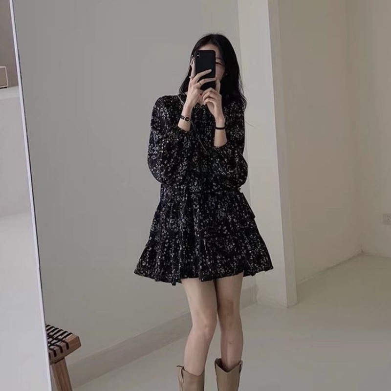 Black Floral Short Lantern Sleeve Dress for Summer, Loose Long-Sleeve Style for Petite Women, French Style, Slimming New Model Black Floral Short Lantern Sleeve Dress for Summer, Loose Long-Sleeve Style for Petite Women, French Style, Slimming New Model